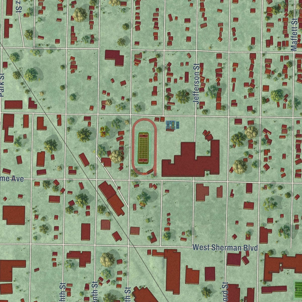 Close-up of the map of Muskegon Heights, Michigan print showing street and building detail