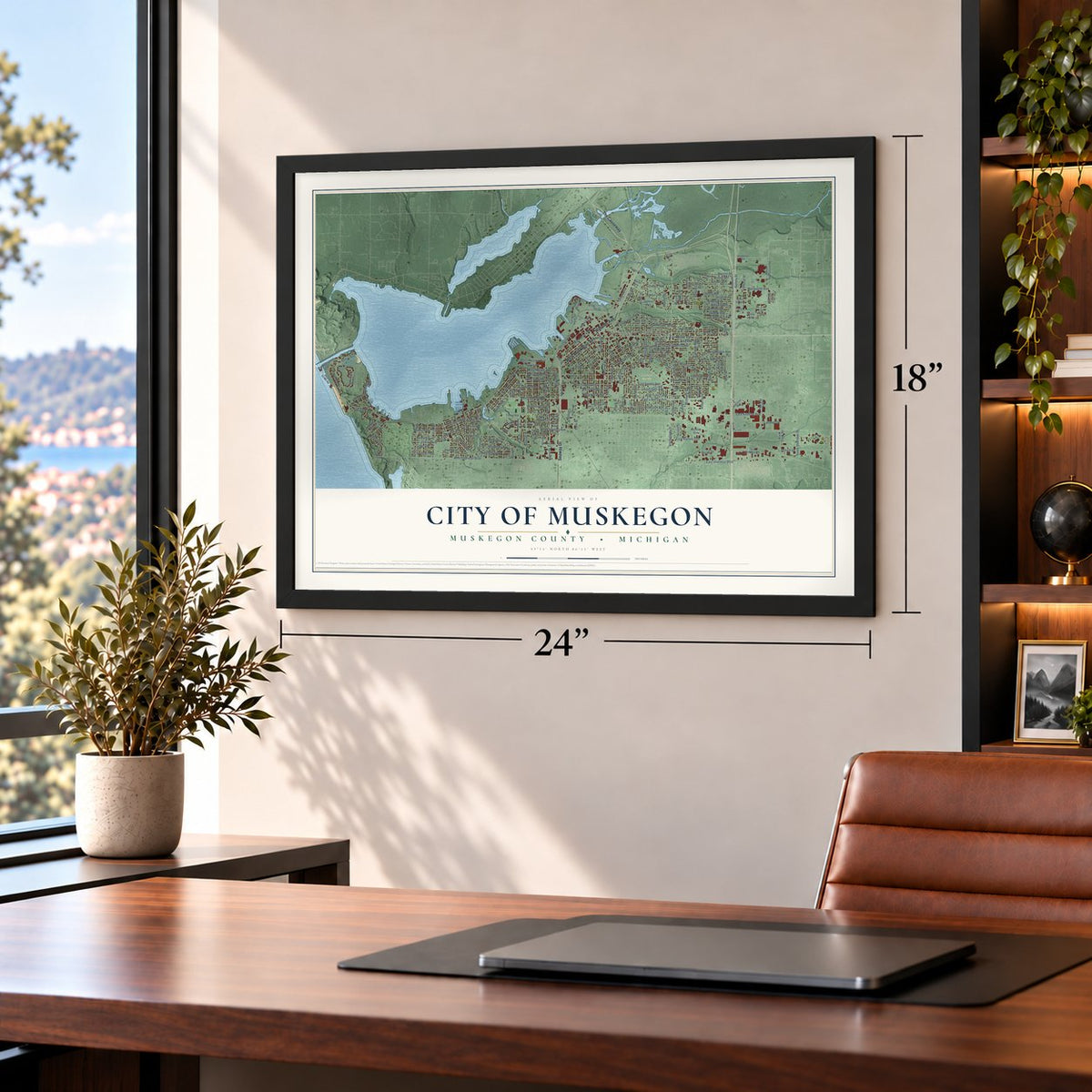 Muskegon, Michigan map, 18 x 24 inch print in a black frame in a home office