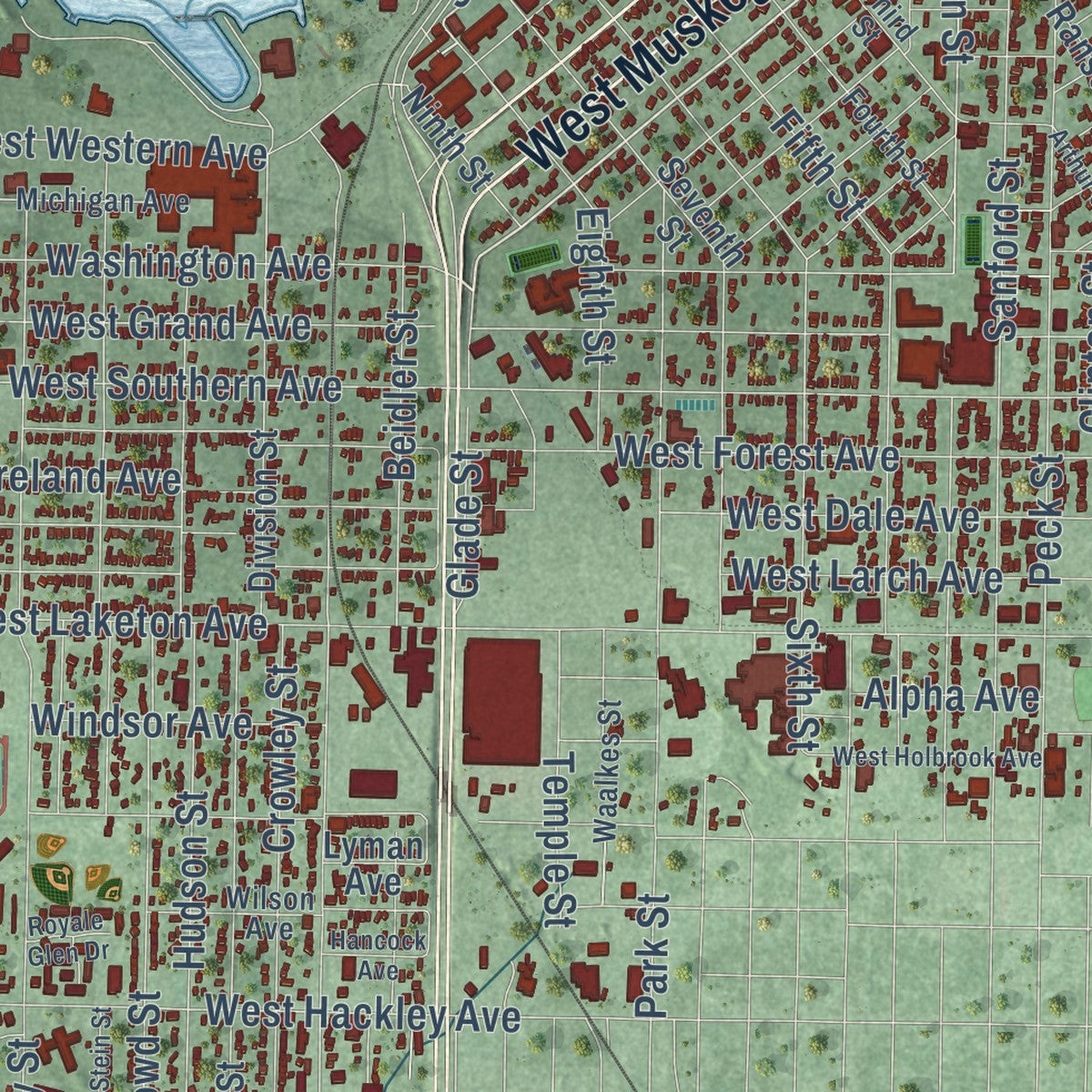 Close-up of the map of Muskegon, Michigan print showing street and building detail