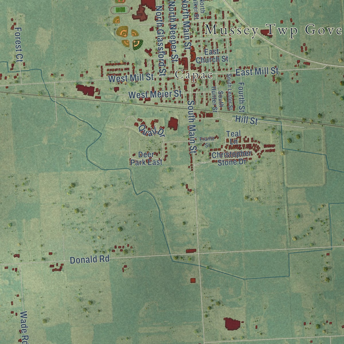 Close-up of the map of Mussey, Michigan print showing street and building detail