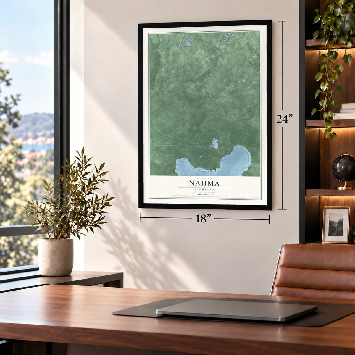 Nahma, Michigan map, 18 x 24 inch print in a black frame in a home office
