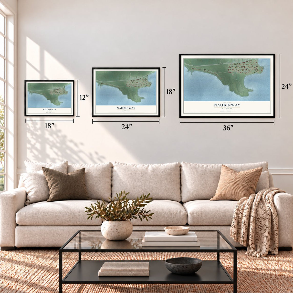 Naubinway, Michigan map in 12 x 18, 18 x 24 and 24 x 36 inch sizes above a sofa