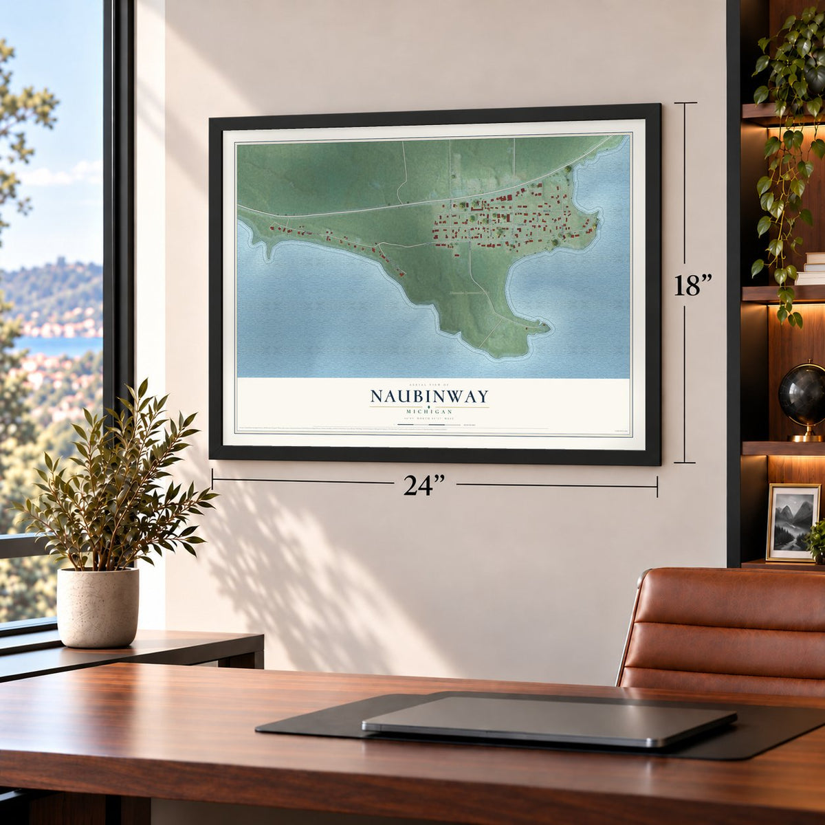Naubinway, Michigan map, 18 x 24 inch print in a black frame in a home office