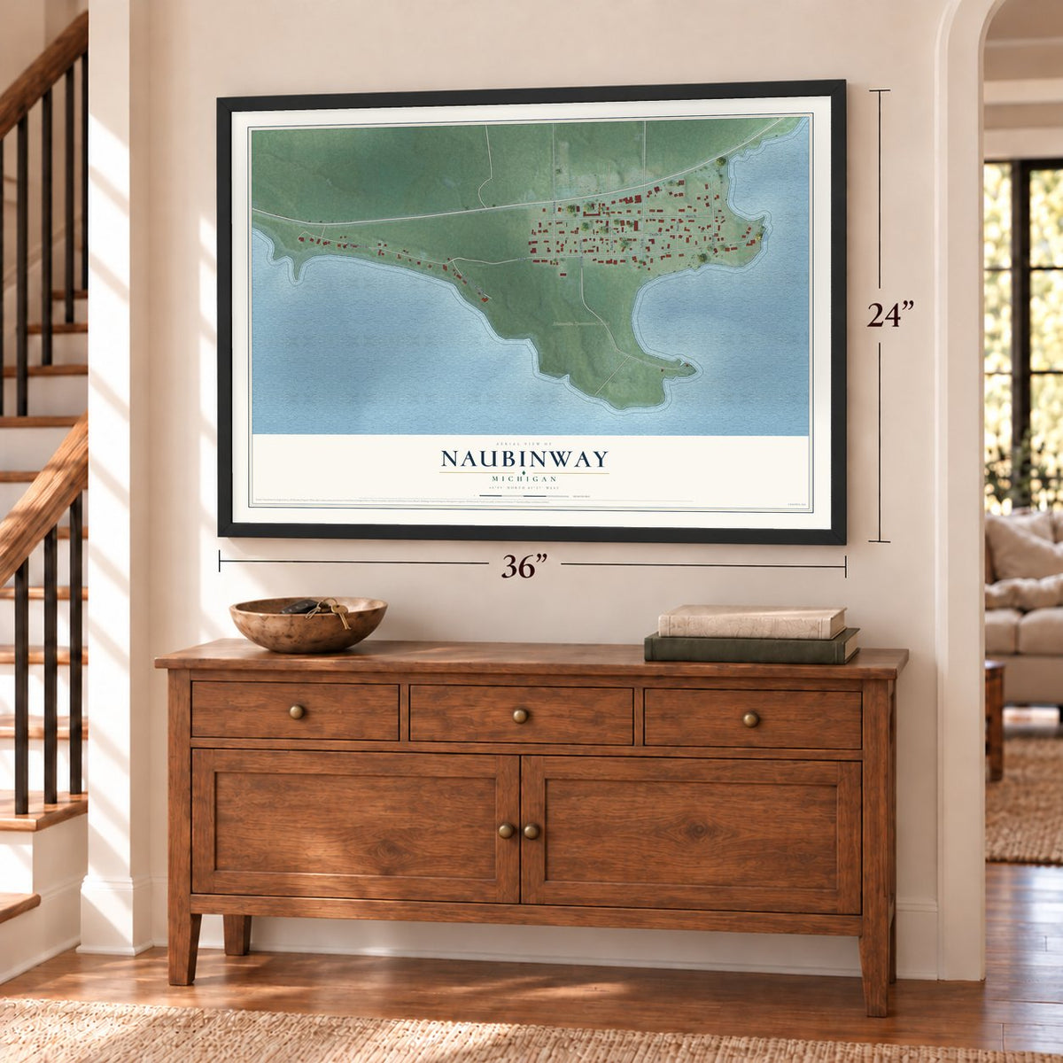 Naubinway, Michigan map, 24 x 36 inch print in a black frame above a dresser by a staircase