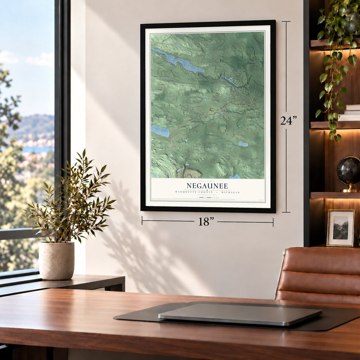Negaunee, Marquette County, Michigan map, 18 x 24 inch print in a black frame in a home office