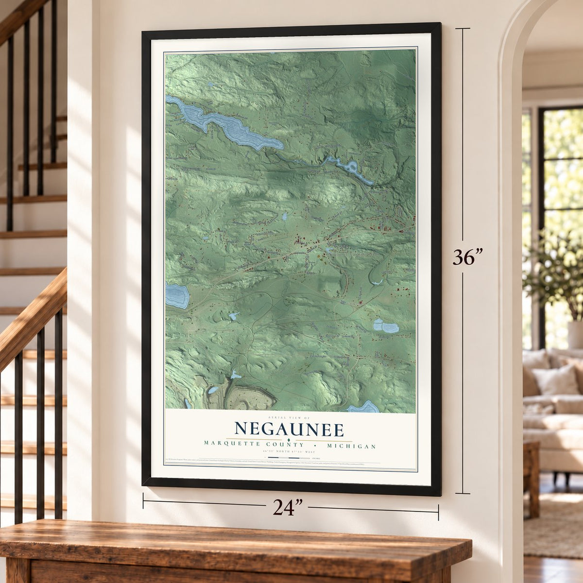Negaunee, Marquette County, Michigan map, 24 x 36 inch print in a black frame by a staircase