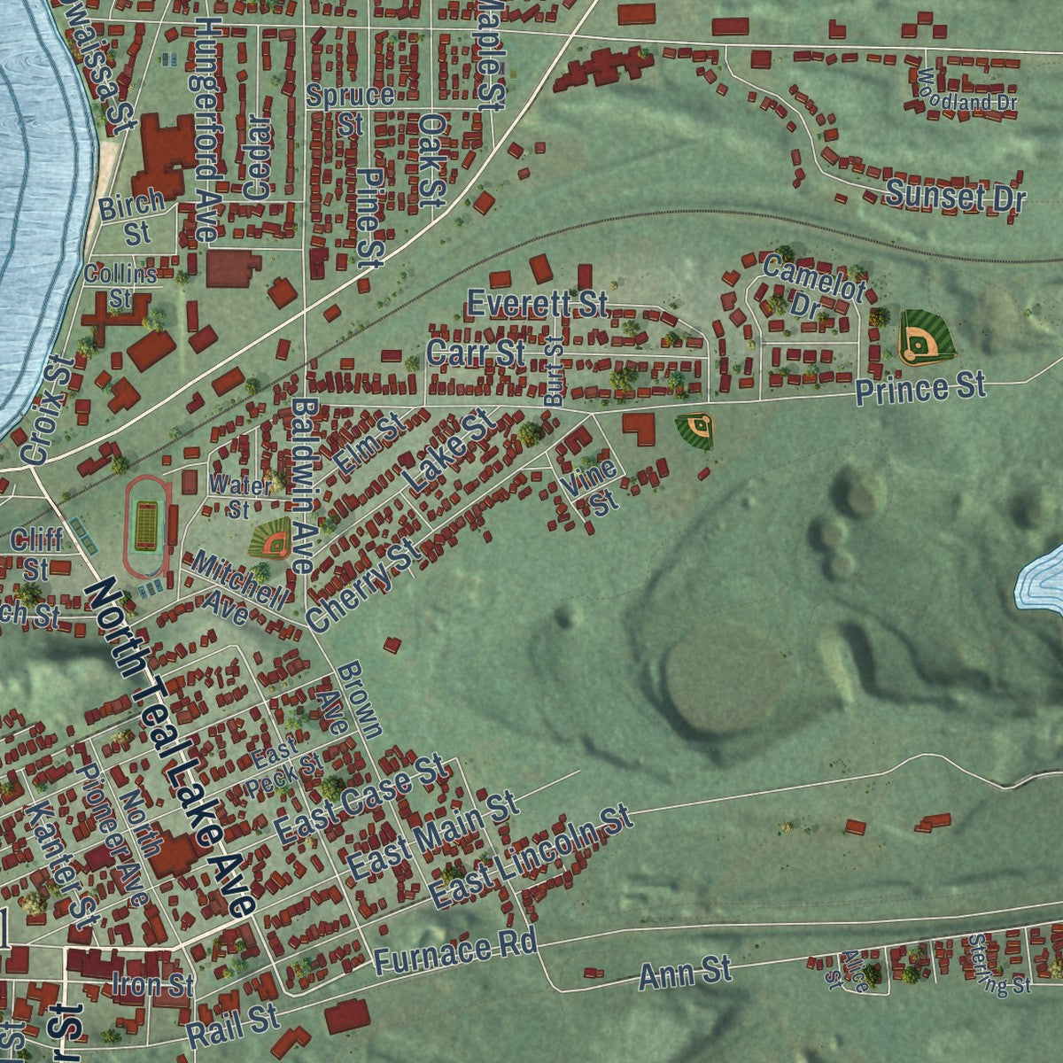 Close-up of the map of Negaunee, Michigan print showing street and building detail