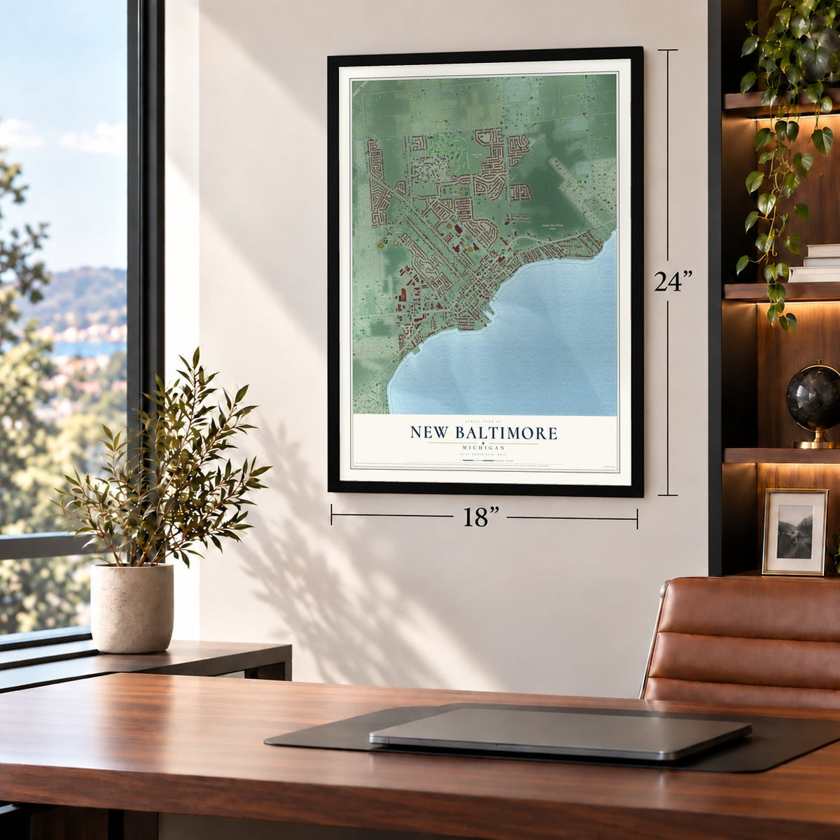 New Baltimore, Michigan map, 18 x 24 inch print in a black frame in a home office