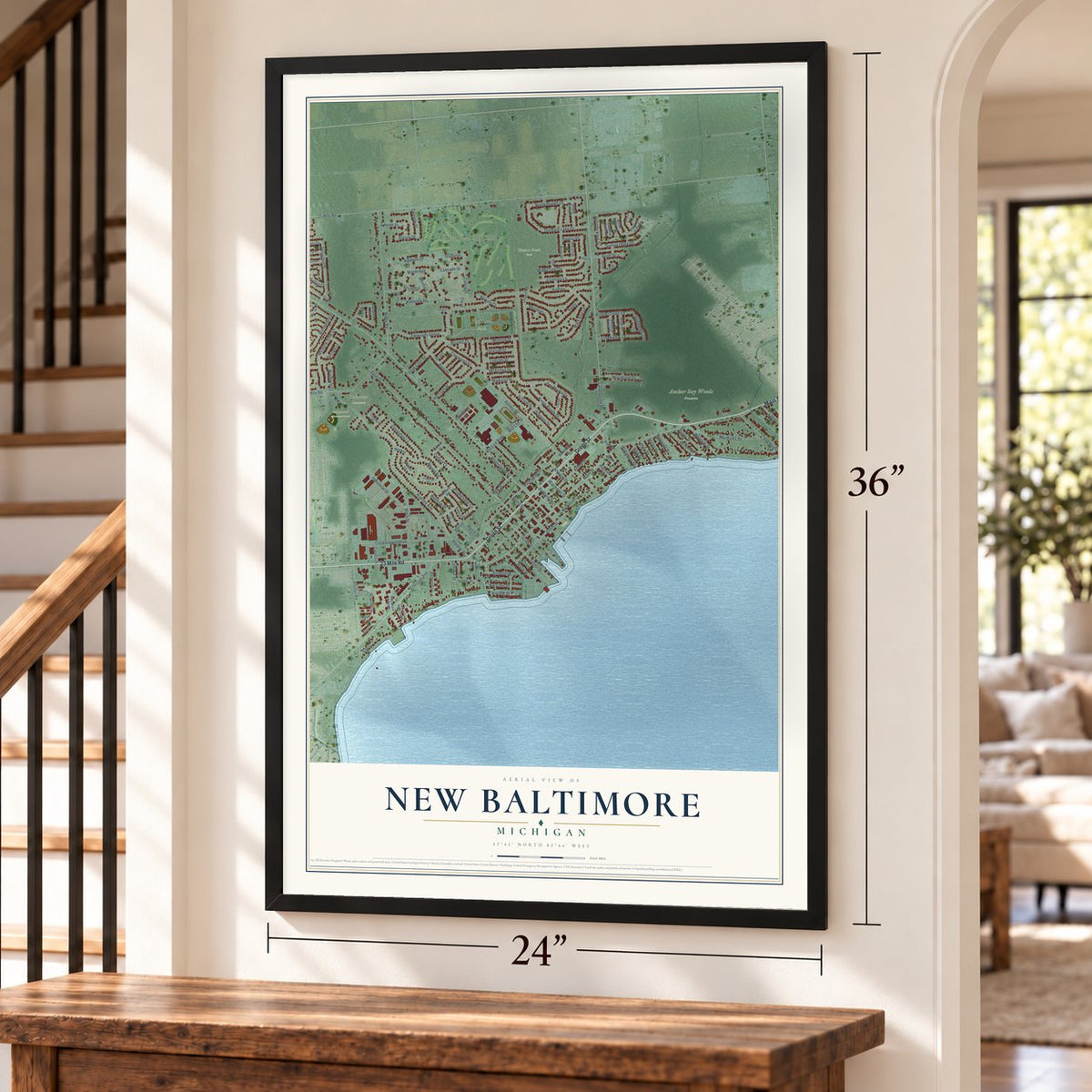 New Baltimore, Michigan map, 24 x 36 inch print in a black frame by a staircase