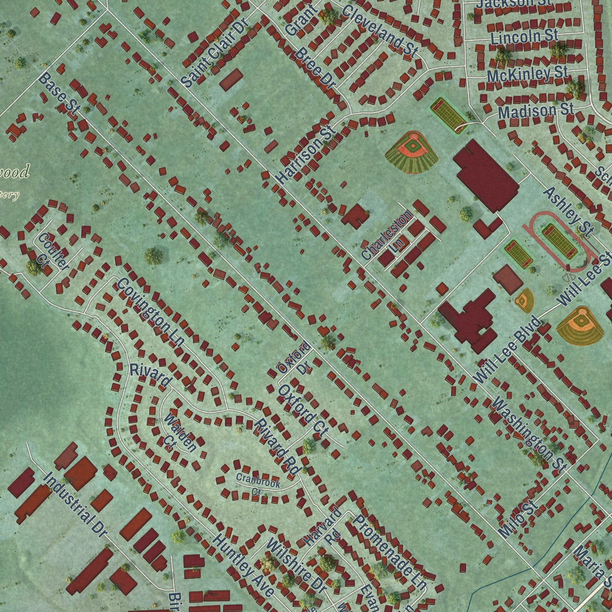 Close-up of the map of New Baltimore, Michigan print showing street and building detail