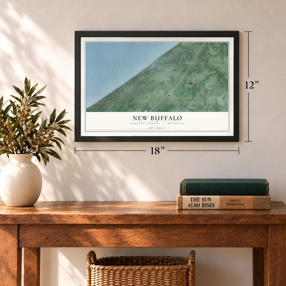 New Buffalo, Berrien County, Michigan map, 12 x 18 inch print in a black frame in an entryway