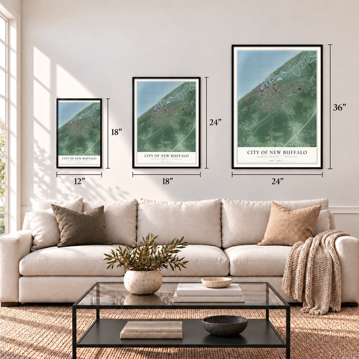 New Buffalo, Michigan map in 12 x 18, 18 x 24 and 24 x 36 inch sizes above a sofa