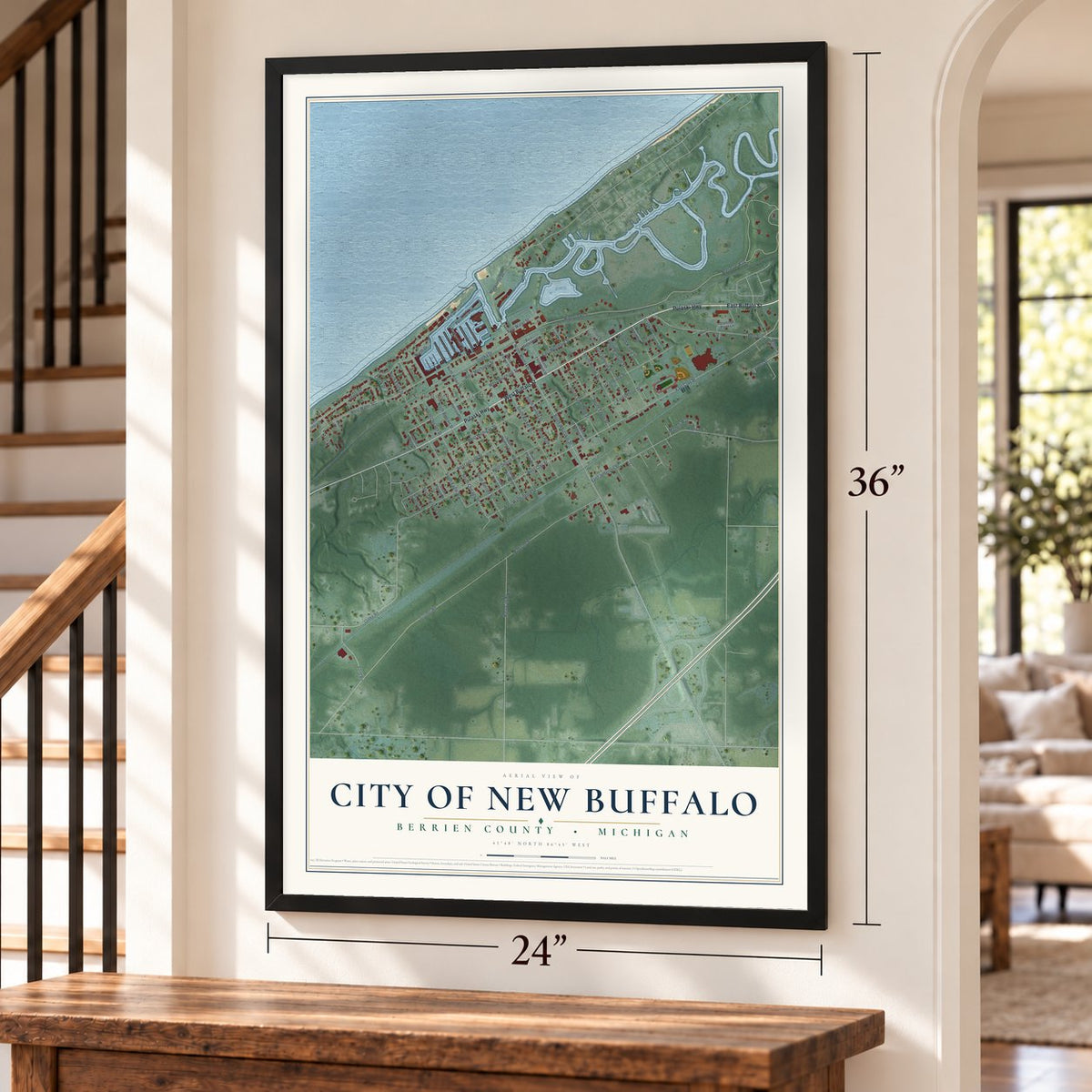 New Buffalo, Michigan map, 24 x 36 inch print in a black frame by a staircase