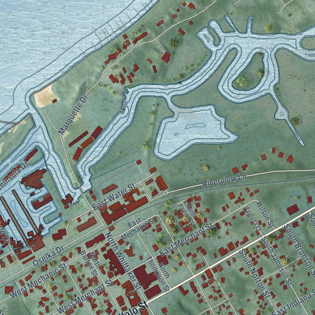 Close-up of the map of New Buffalo, Michigan print showing street and building detail