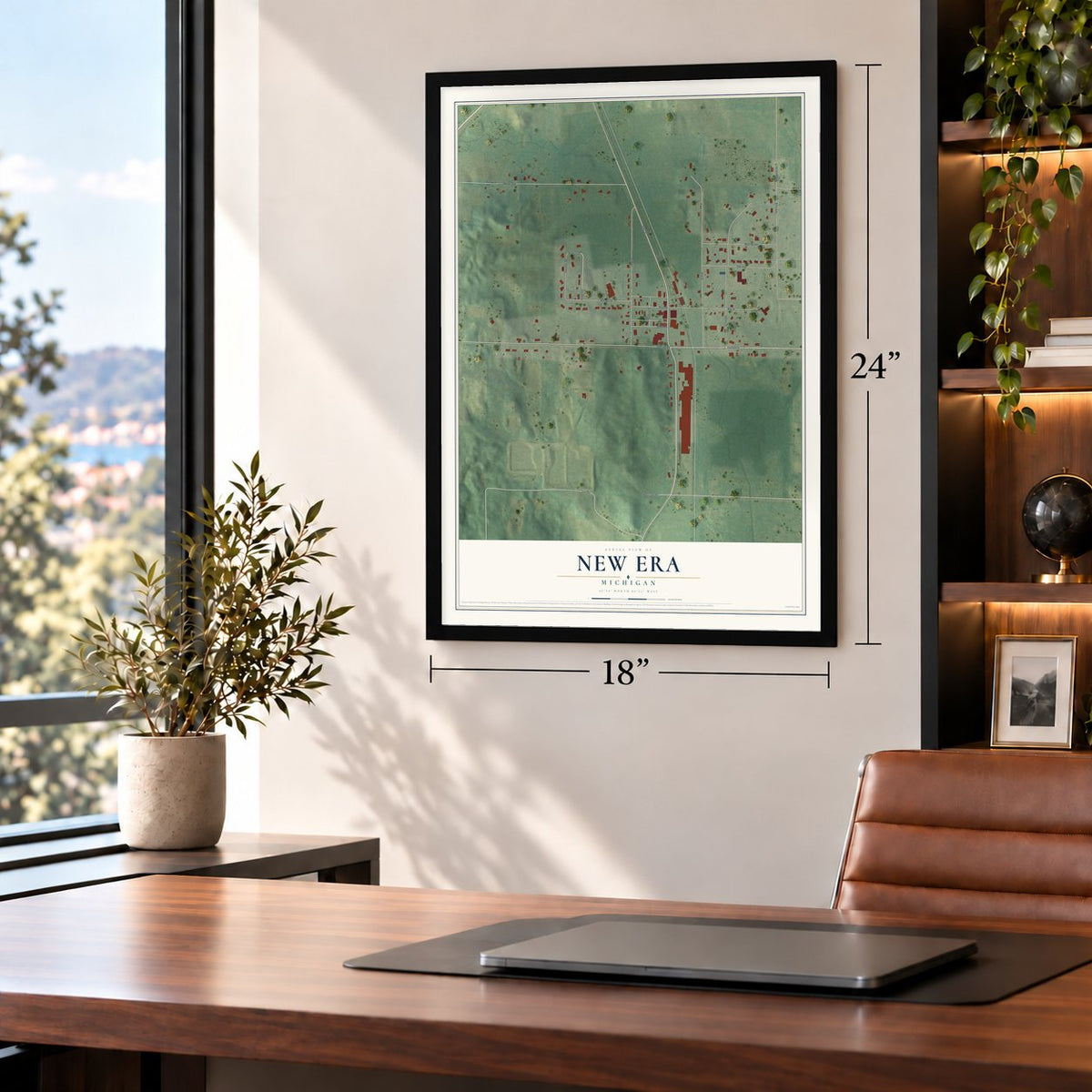 New Era, Michigan map, 18 x 24 inch print in a black frame in a home office