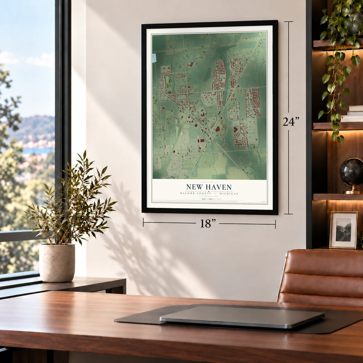 New Haven, Macomb County, Michigan map, 18 x 24 inch print in a black frame in a home office
