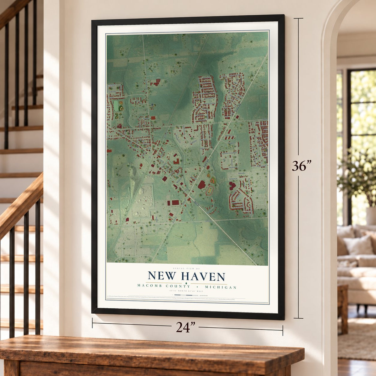 New Haven, Macomb County, Michigan map, 24 x 36 inch print in a black frame by a staircase