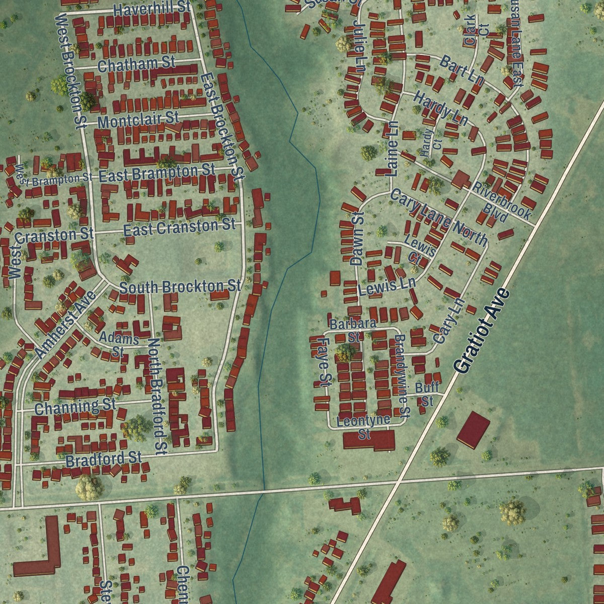 Close-up of the map of New Haven, Macomb County, Michigan print showing street and building detail