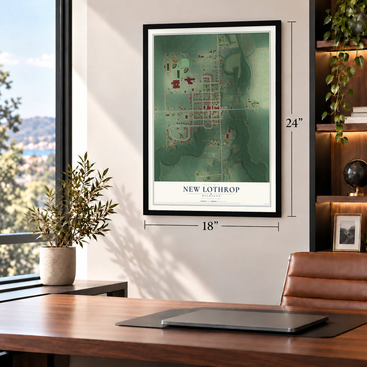 New Lothrop, Michigan map, 18 x 24 inch print in a black frame in a home office