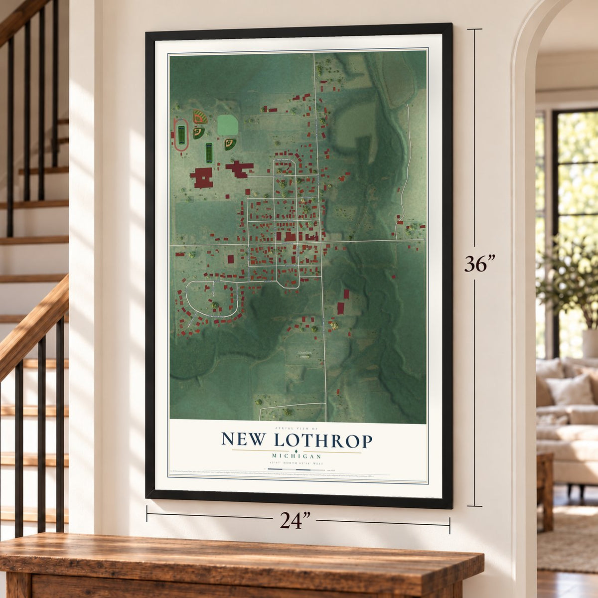 New Lothrop, Michigan map, 24 x 36 inch print in a black frame by a staircase