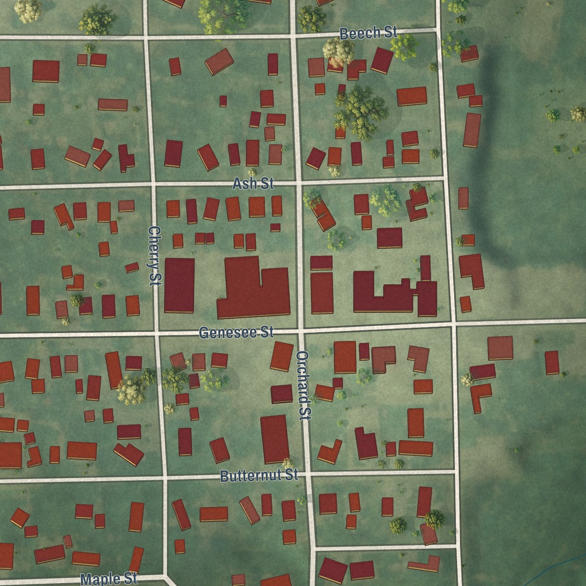 Close-up of the map of New Lothrop, Michigan print showing street and building detail