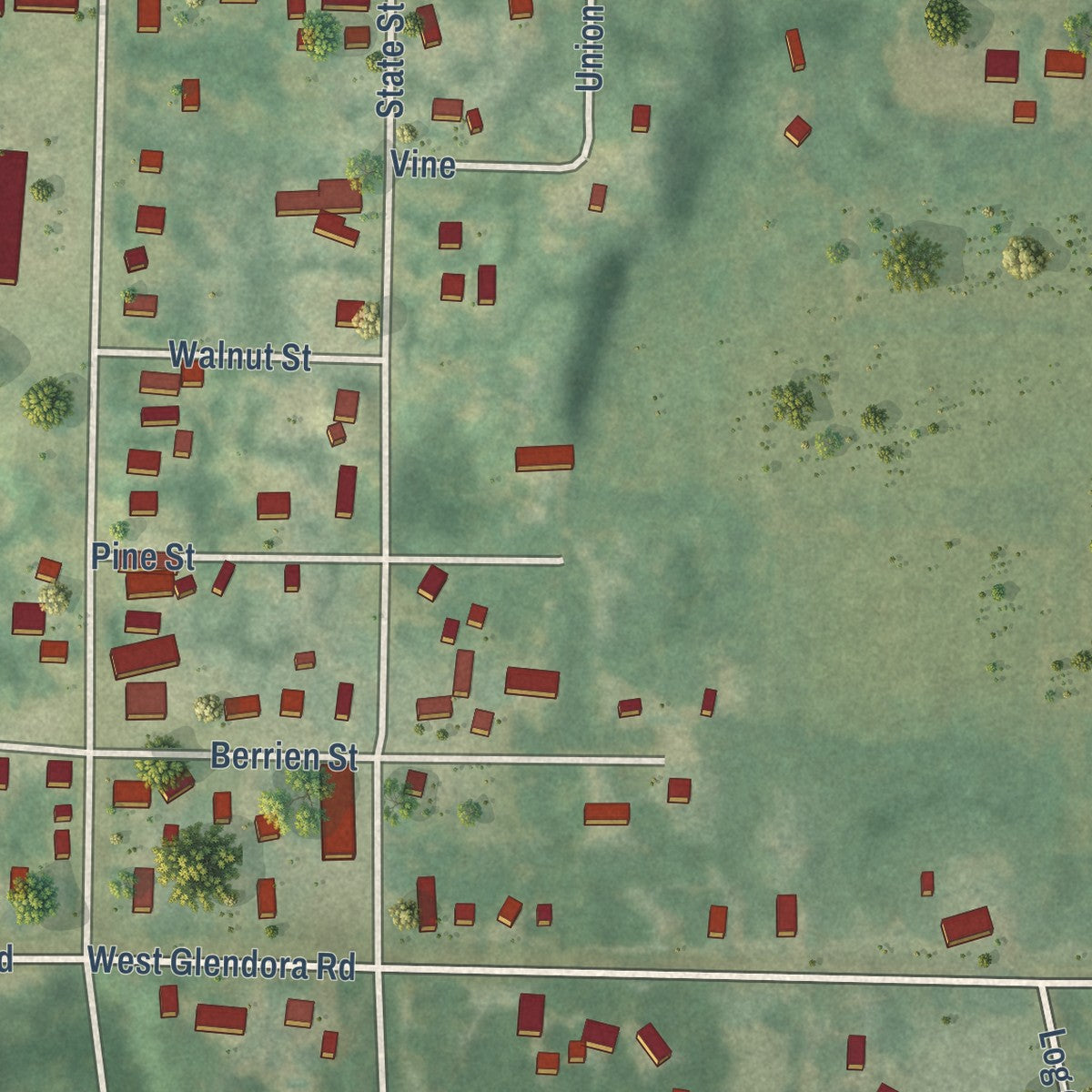 Close-up of the map of New Troy, Michigan print showing street and building detail