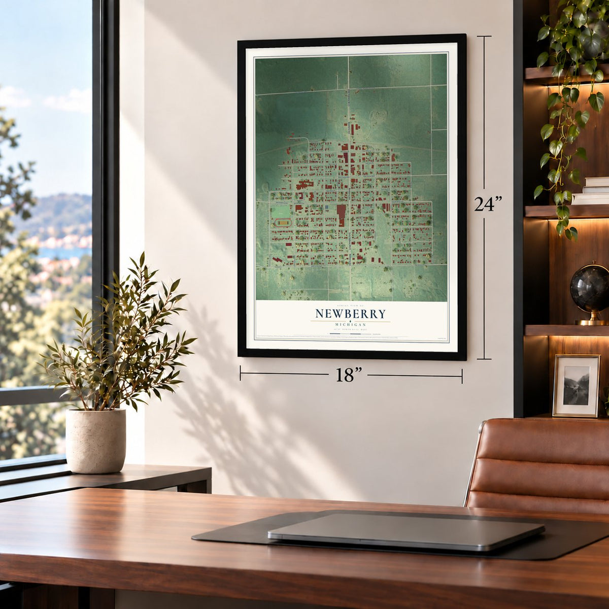 Newberry, Michigan map, 18 x 24 inch print in a black frame in a home office