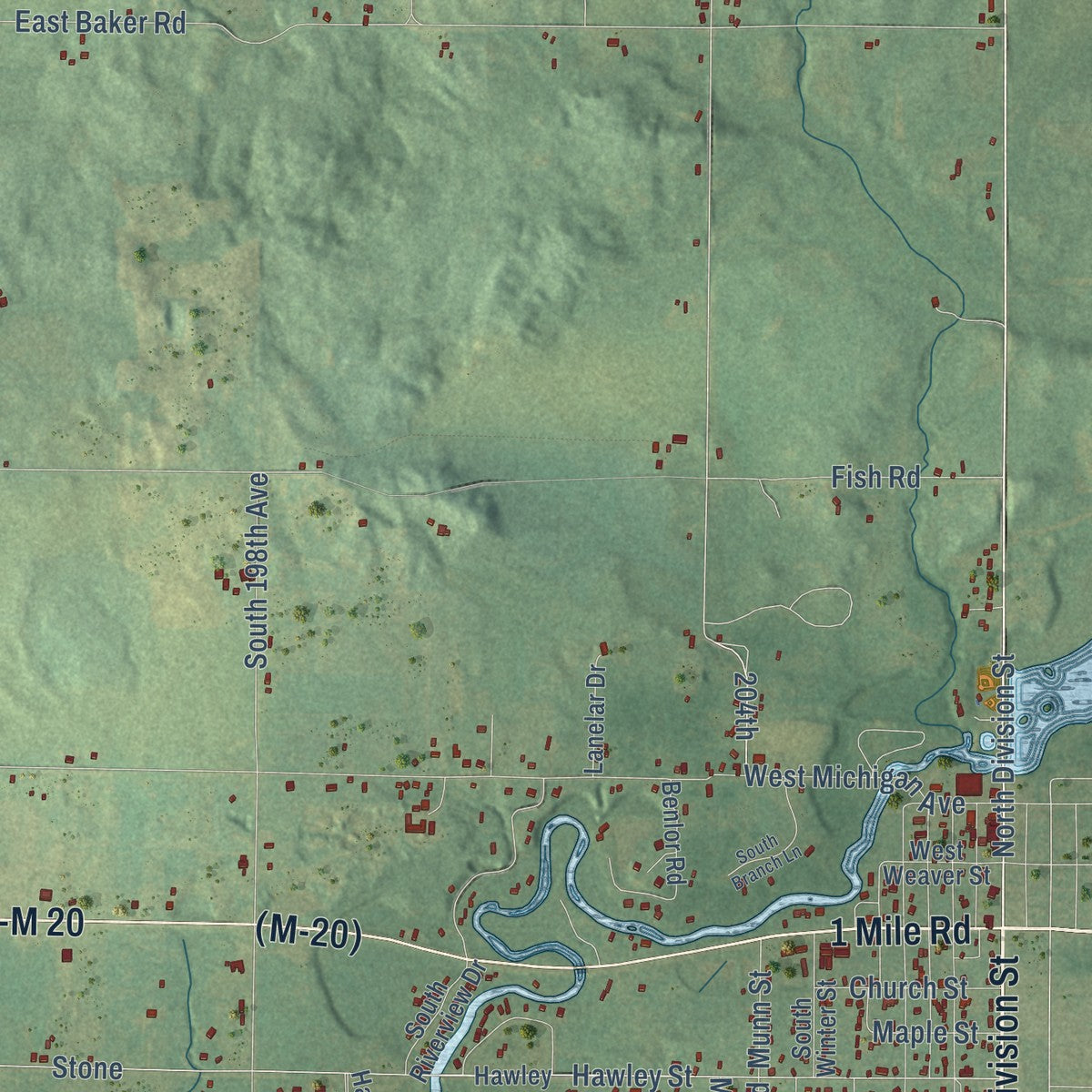 Close-up of the map of Newfield, Michigan print showing street and building detail