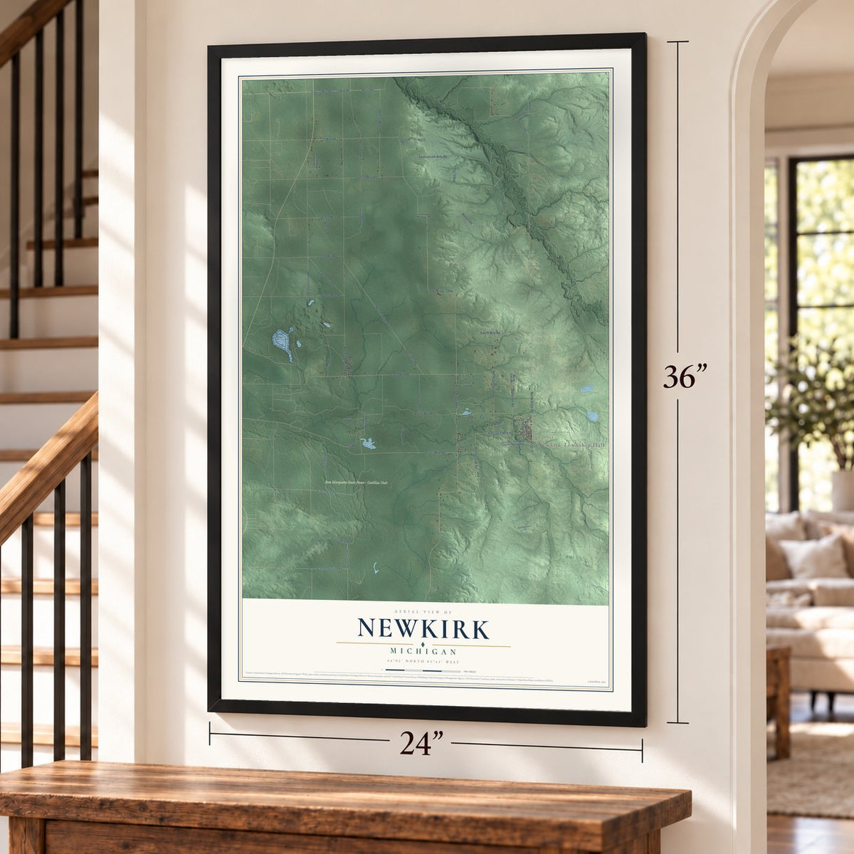 Newkirk, Michigan map, 24 x 36 inch print in a black frame by a staircase