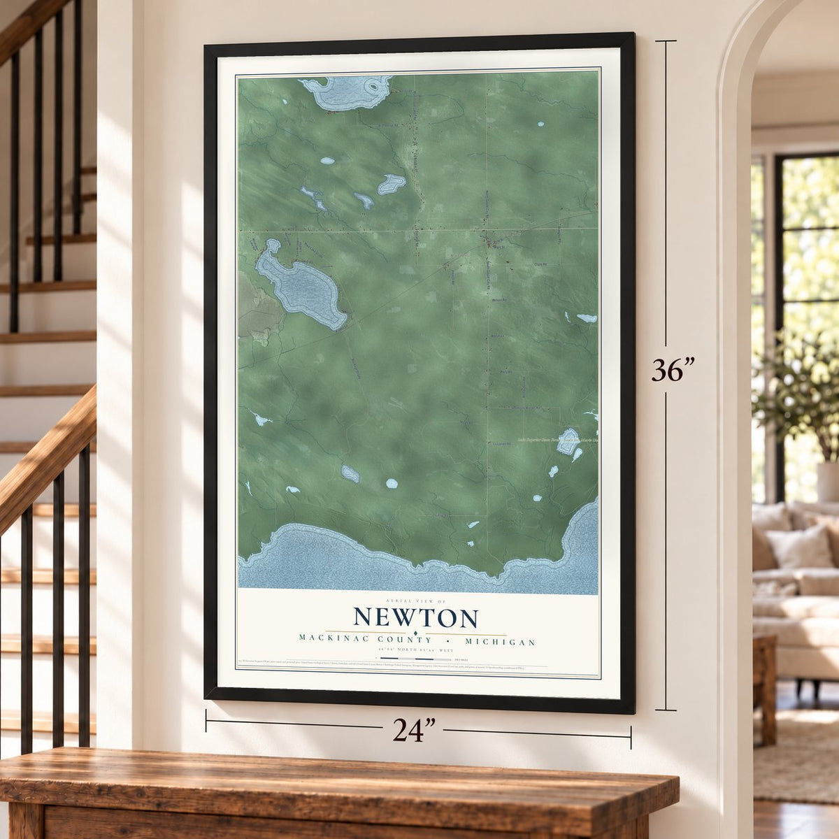 Newton, Mackinac County, Michigan map, 24 x 36 inch print in a black frame by a staircase