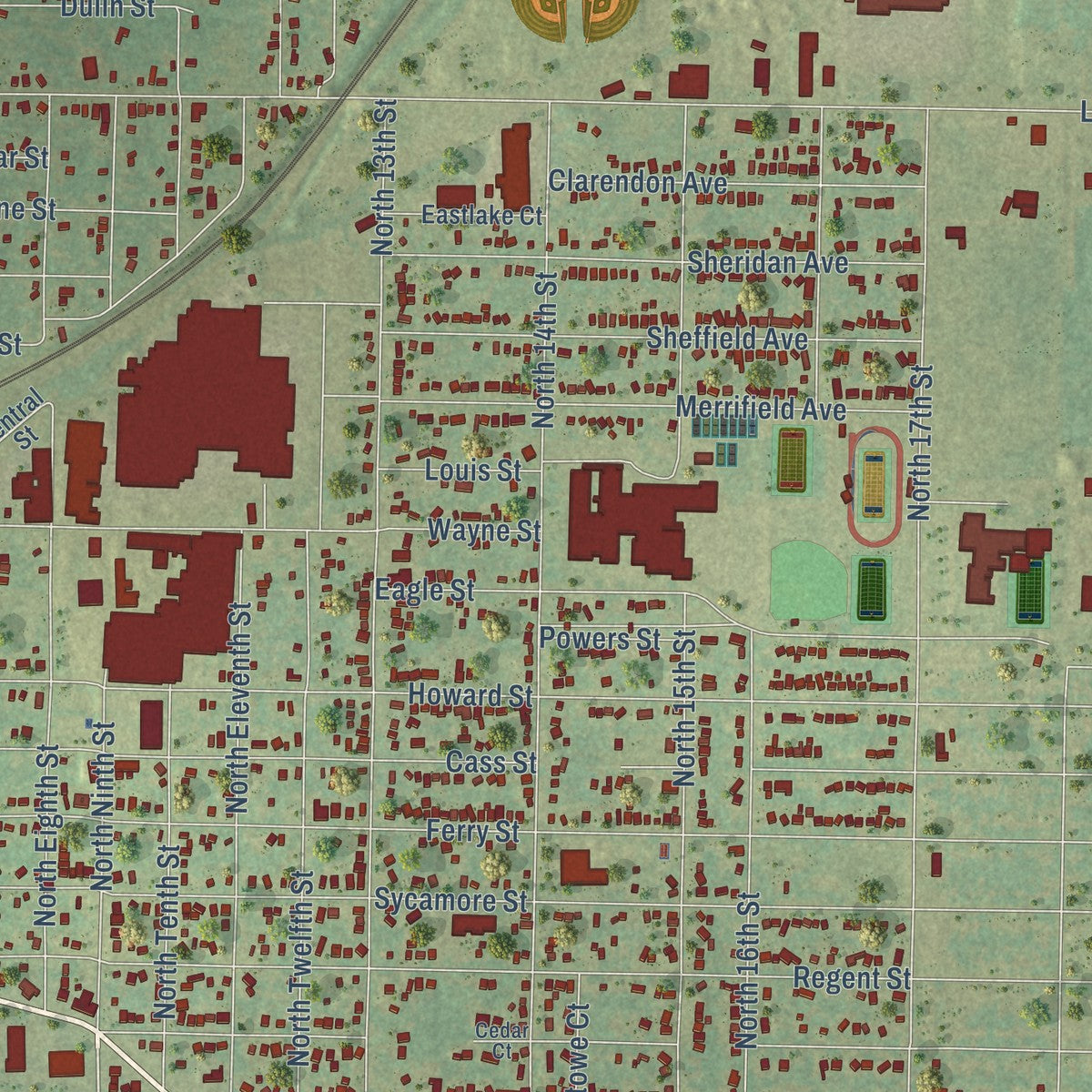 Close-up of the map of Niles, Michigan print showing street and building detail