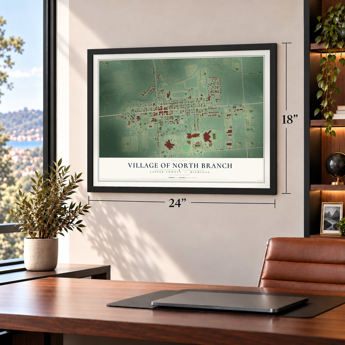 North Branch, Michigan map, 18 x 24 inch print in a black frame in a home office