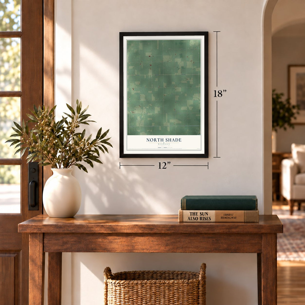 North Shade, Michigan map, 12 x 18 inch print in a black frame in an entryway