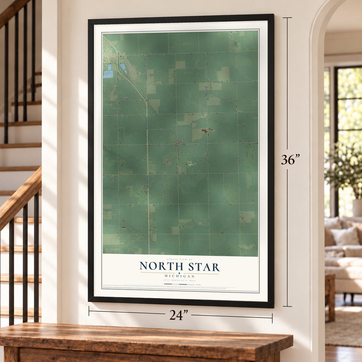 North Star, Michigan map, 24 x 36 inch print in a black frame by a staircase