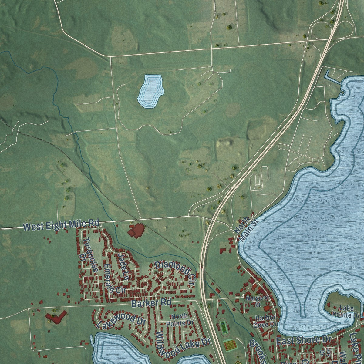 Close-up of the map of Northfield, Michigan print showing street and building detail