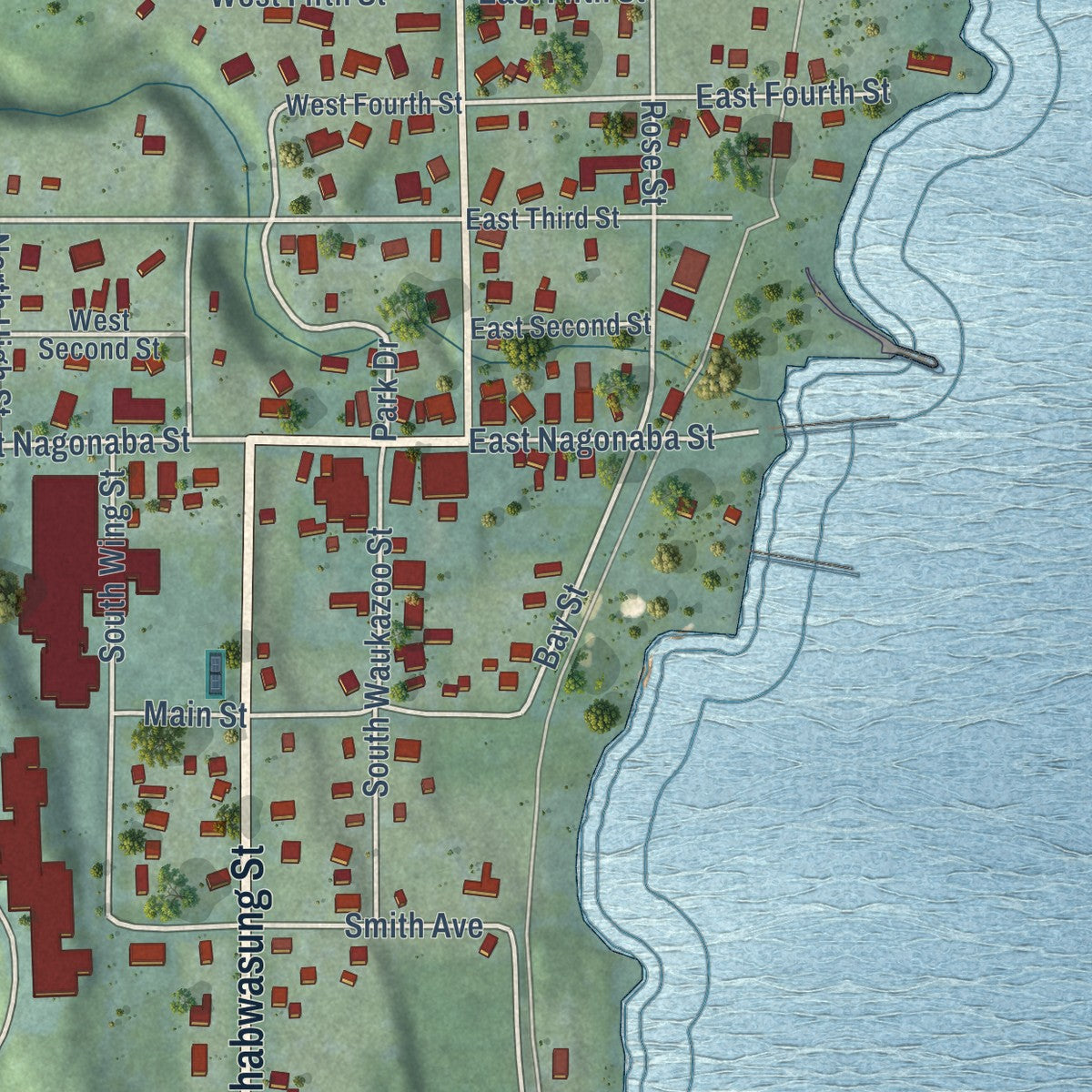 Close-up of the map of Northport, Michigan print showing street and building detail
