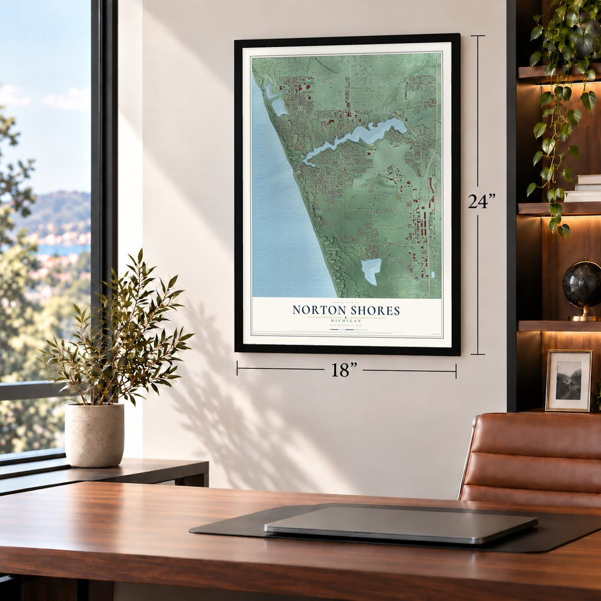 Norton Shores, Michigan map, 18 x 24 inch print in a black frame in a home office