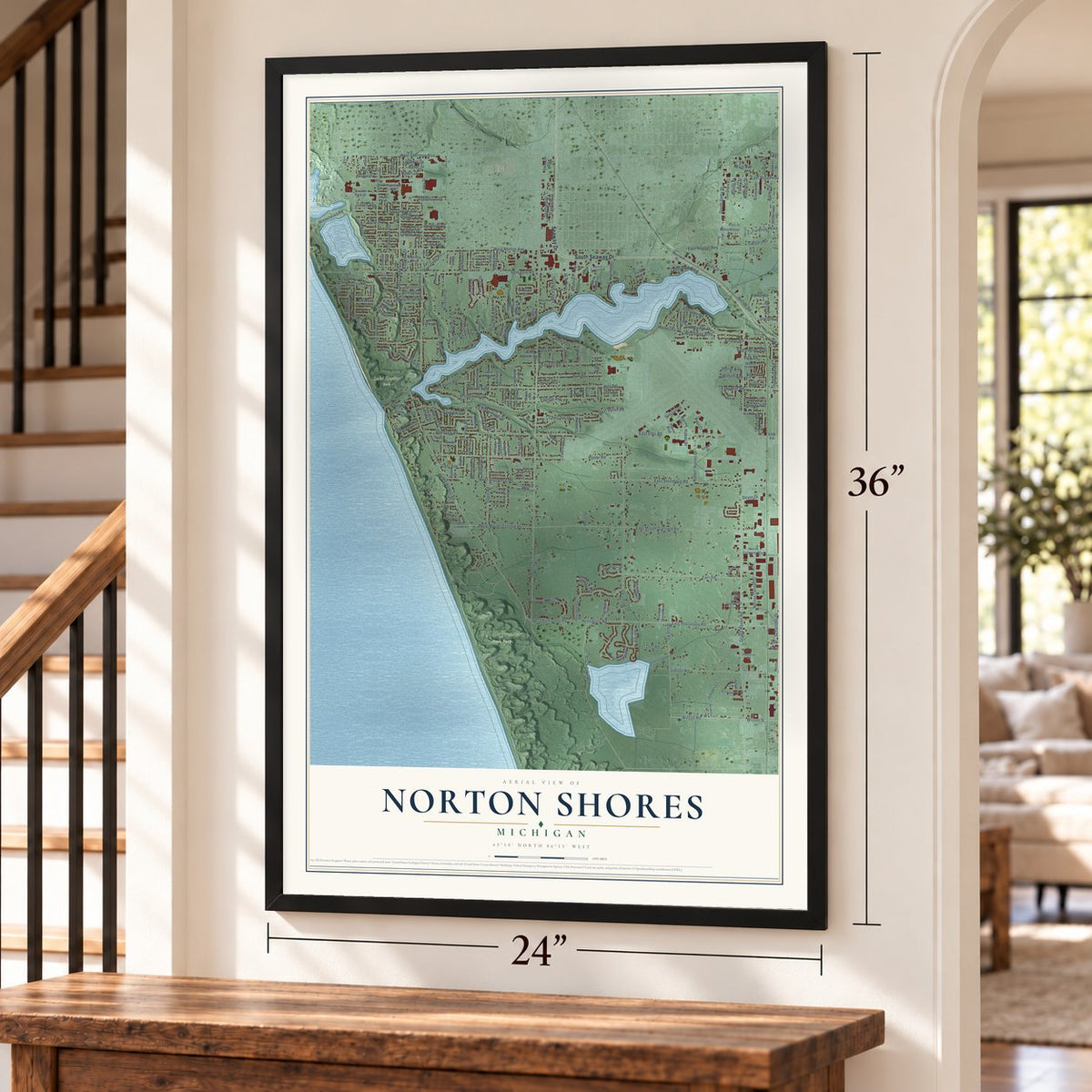 Norton Shores, Michigan map, 24 x 36 inch print in a black frame by a staircase