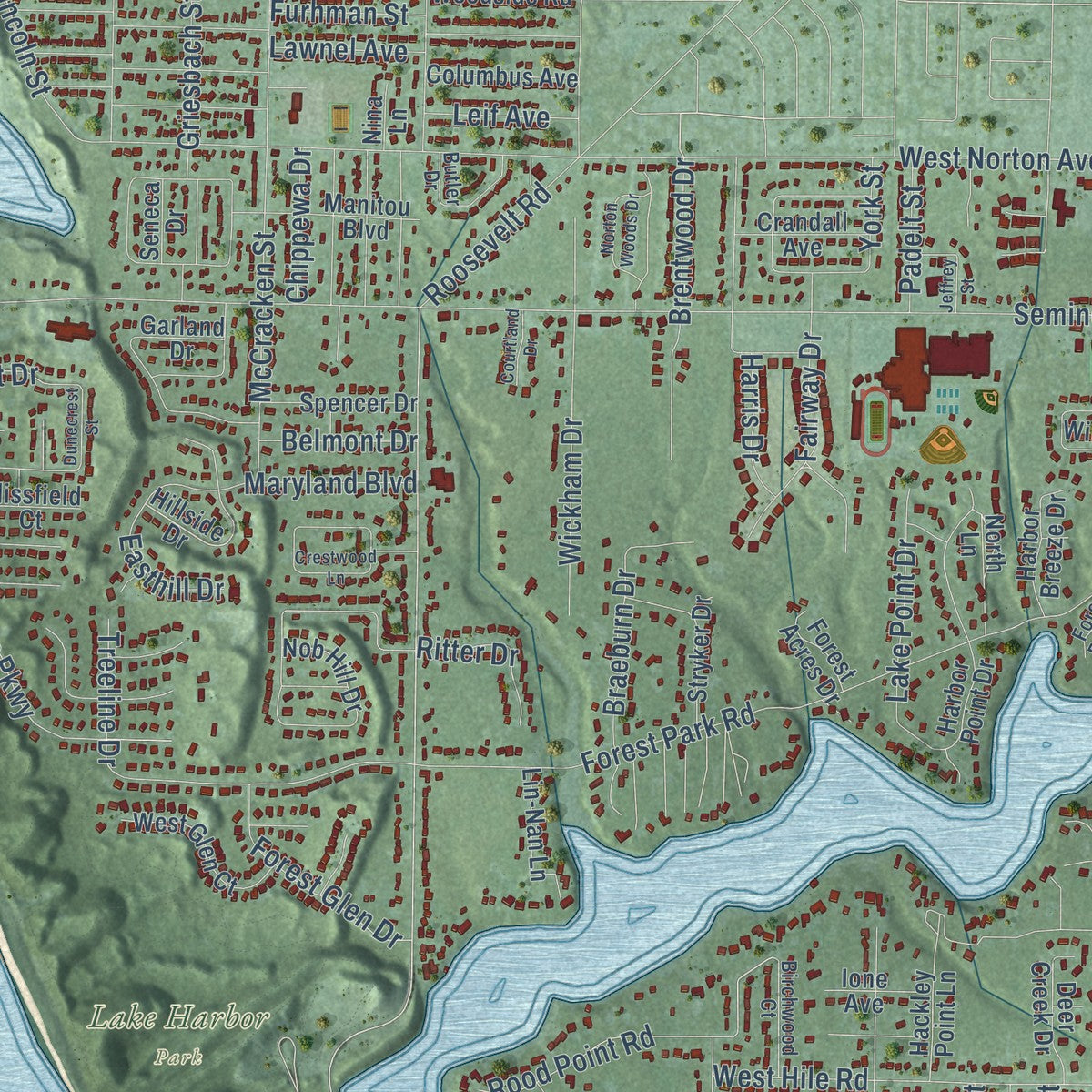 Close-up of the map of Norton Shores, Michigan print showing street and building detail