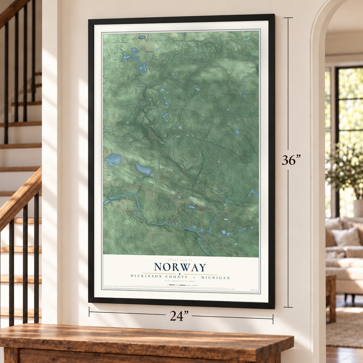 Norway, Dickinson County, Michigan map, 24 x 36 inch print in a black frame by a staircase