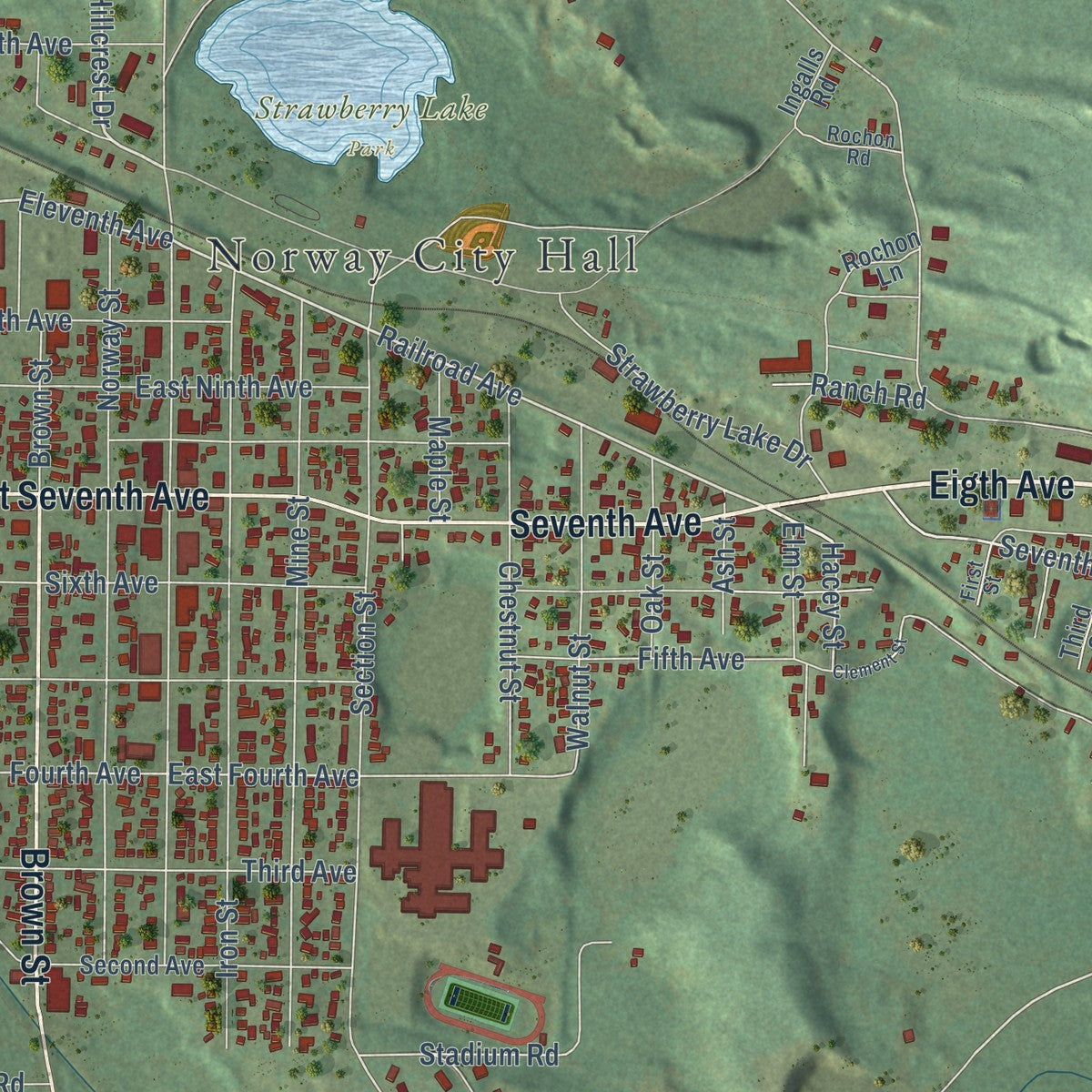 Close-up of the map of Norway, Michigan print showing street and building detail