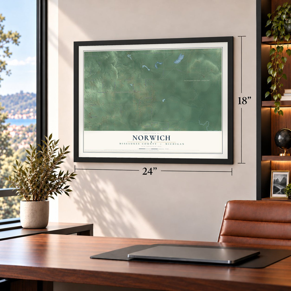 Norwich, Missaukee County, Michigan map, 18 x 24 inch print in a black frame in a home office
