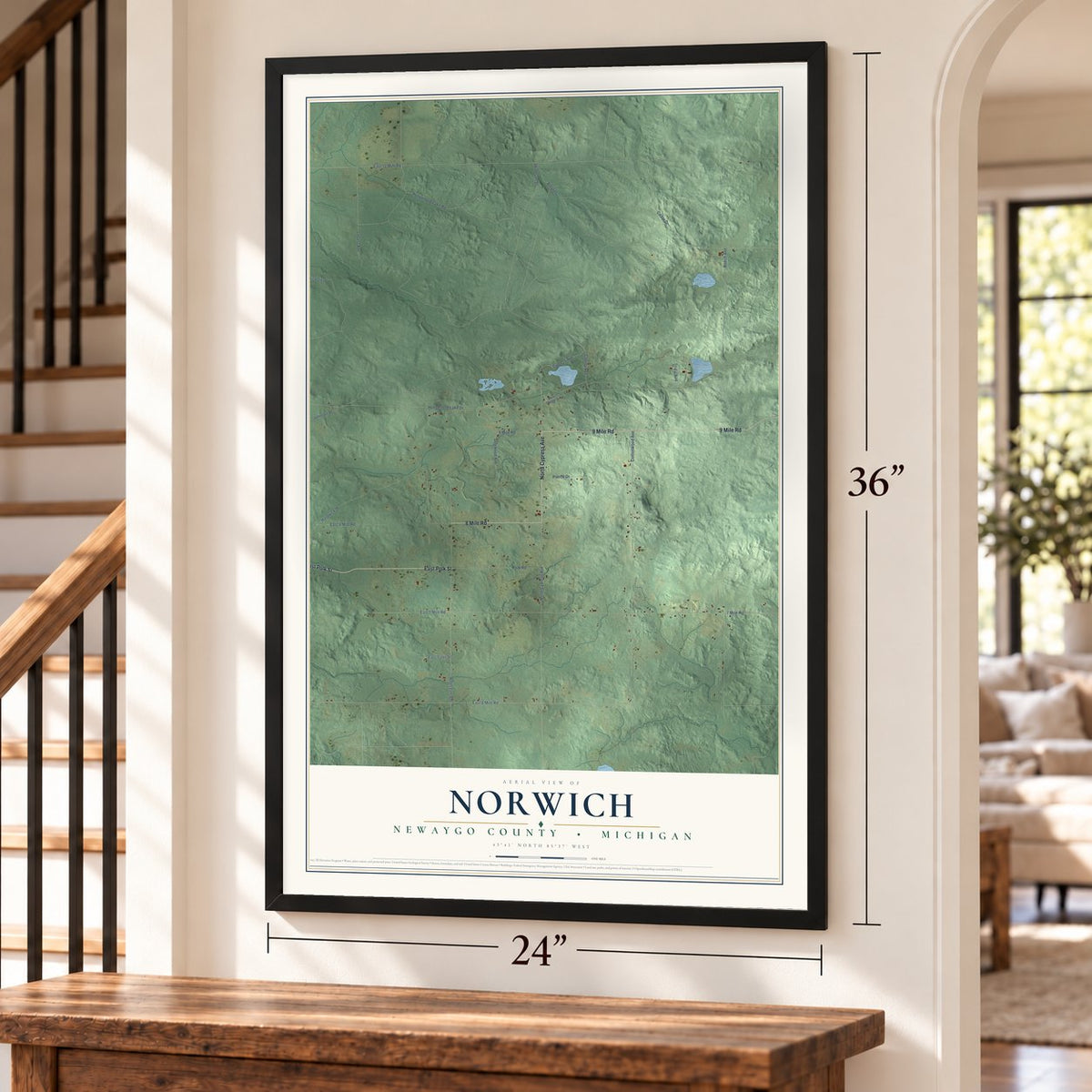 Norwich, Newaygo County, Michigan map, 24 x 36 inch print in a black frame by a staircase