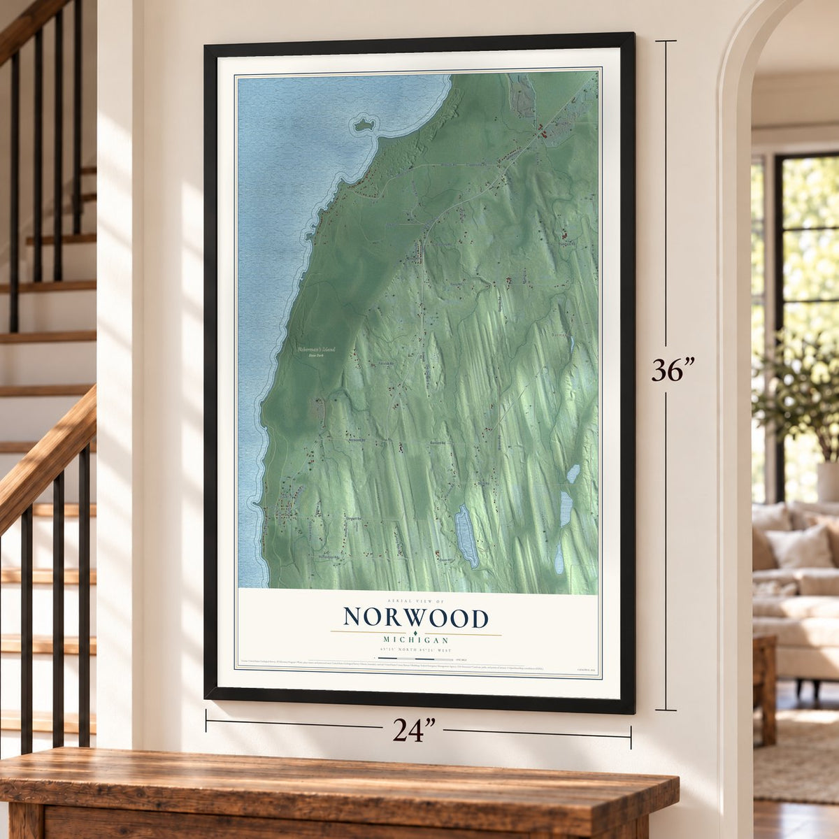 Norwood, Michigan map, 24 x 36 inch print in a black frame by a staircase
