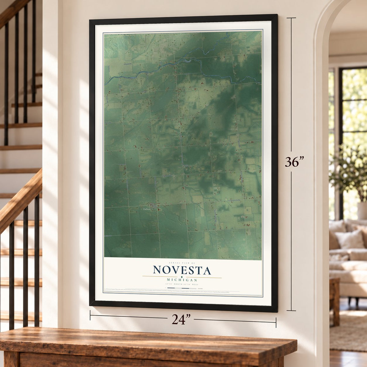 Novesta, Michigan map, 24 x 36 inch print in a black frame by a staircase
