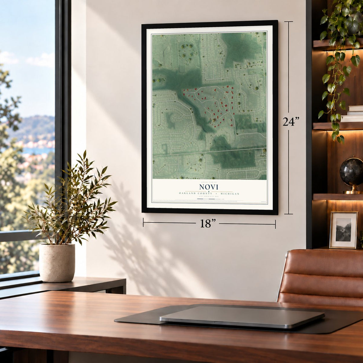 Novi, Oakland County, Michigan map, 18 x 24 inch print in a black frame in a home office