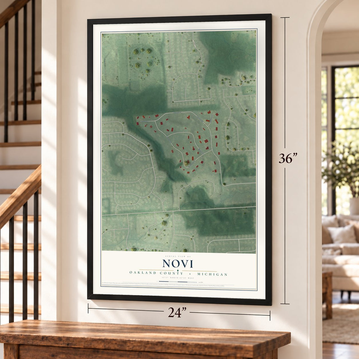 Novi, Oakland County, Michigan map, 24 x 36 inch print in a black frame by a staircase