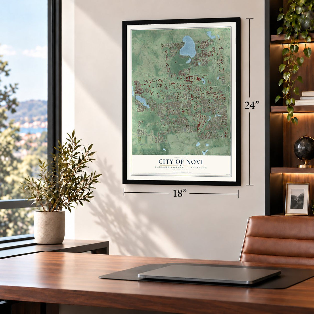 Novi, Michigan map, 18 x 24 inch print in a black frame in a home office