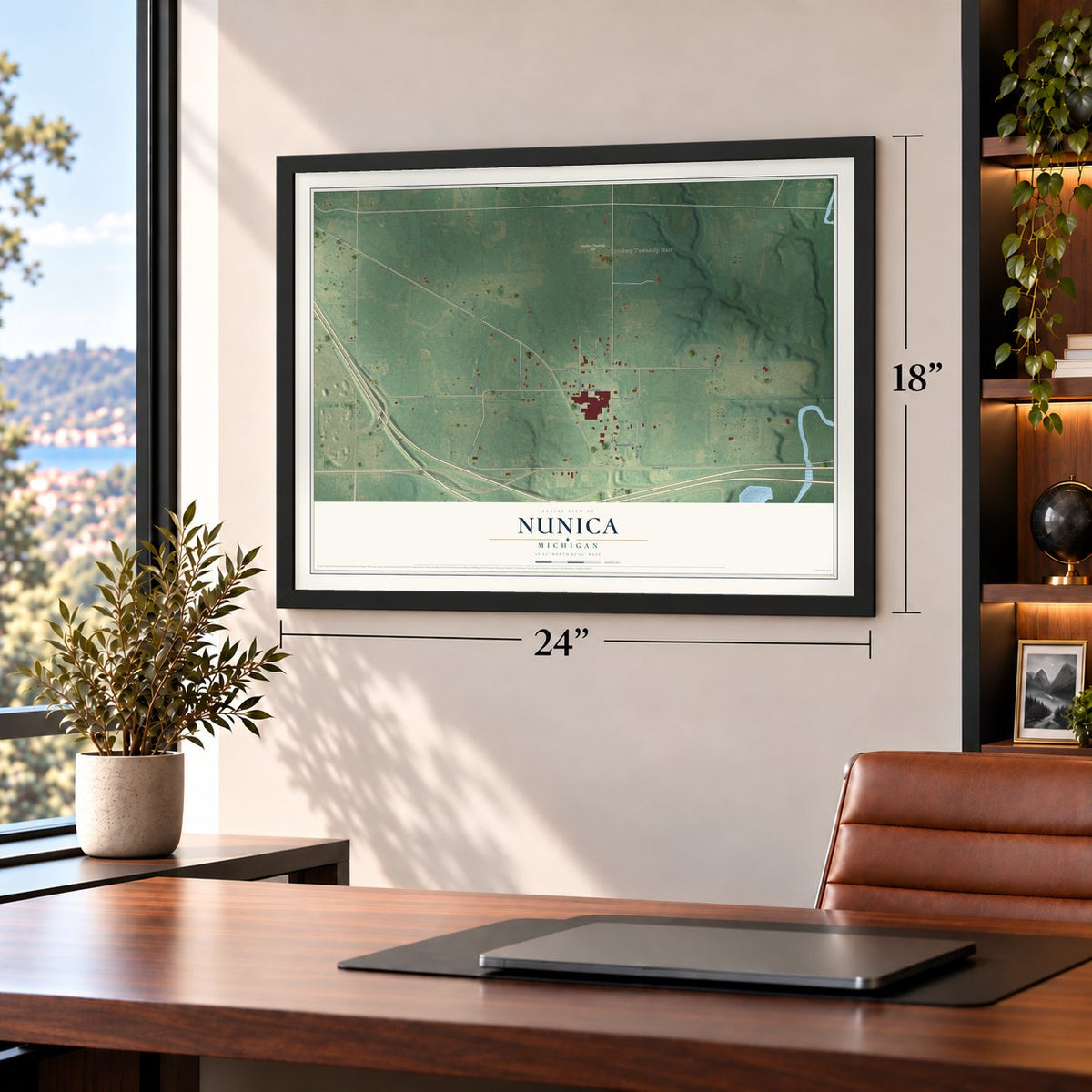 Nunica, Michigan map, 18 x 24 inch print in a black frame in a home office