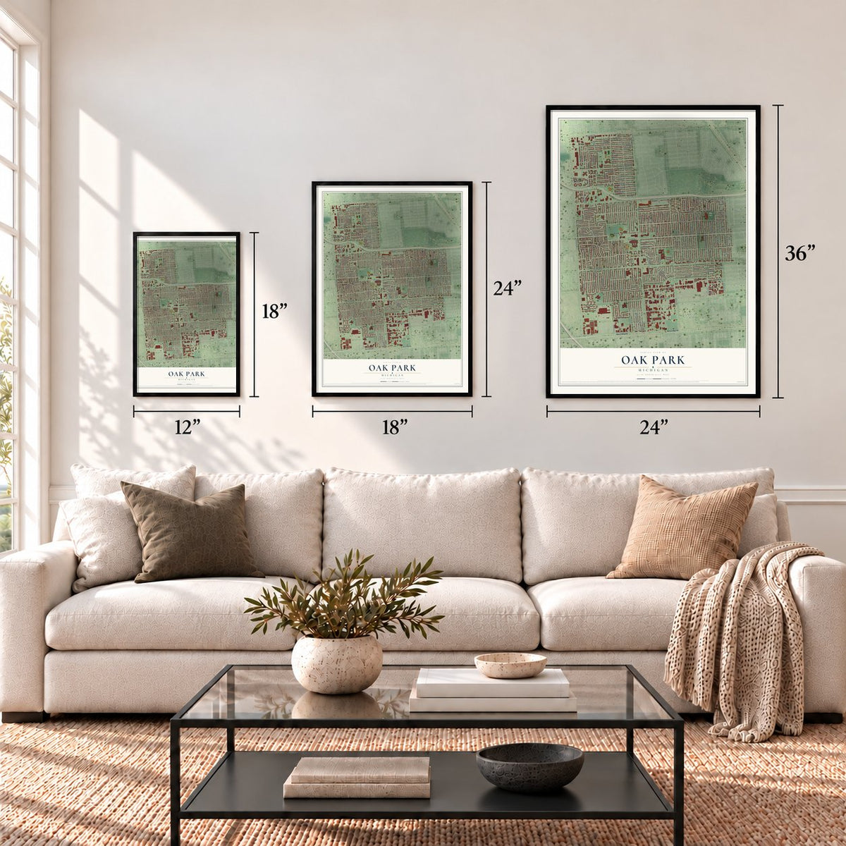 Oak Park, Michigan map in 12 x 18, 18 x 24 and 24 x 36 inch sizes above a sofa